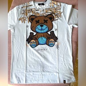 Avenue George V Paris T-Shirt GV Teddy Bear Men’s Blue Fitted Tee Rhinestone